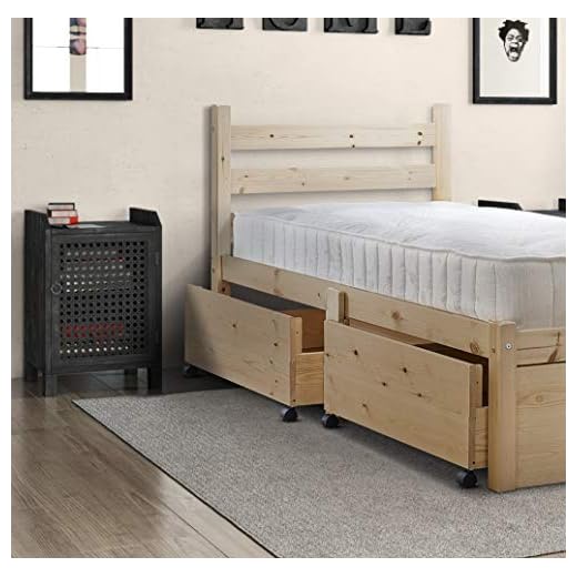 Strictly Beds and Bunks - Cleveland Pine Bed Frame with Pull-out Storage Drawer including Sprung Mattress (15cm), 2ft 6 Single