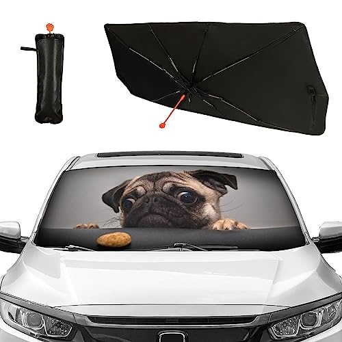 車用サンシェード 折り畳み式 傘型 かわいい パグ 犬柄 遮光断熱 フロントガラス用 強力な8本骨 軽量 UVカット カーフロントカバー 盗難防止 車保護 車中泊 仮眠 プライバシー 車窓日よけ 取付簡単 車種汎用 収納ポーチ付き
