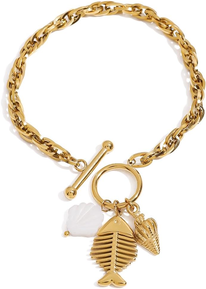 Charm Bracelet with Sea Life Pendants, 14K Gold Plated Chain, Toggle Clasp, Boho Gold Chain Bracelet Cuban Jewelry for Women Gift