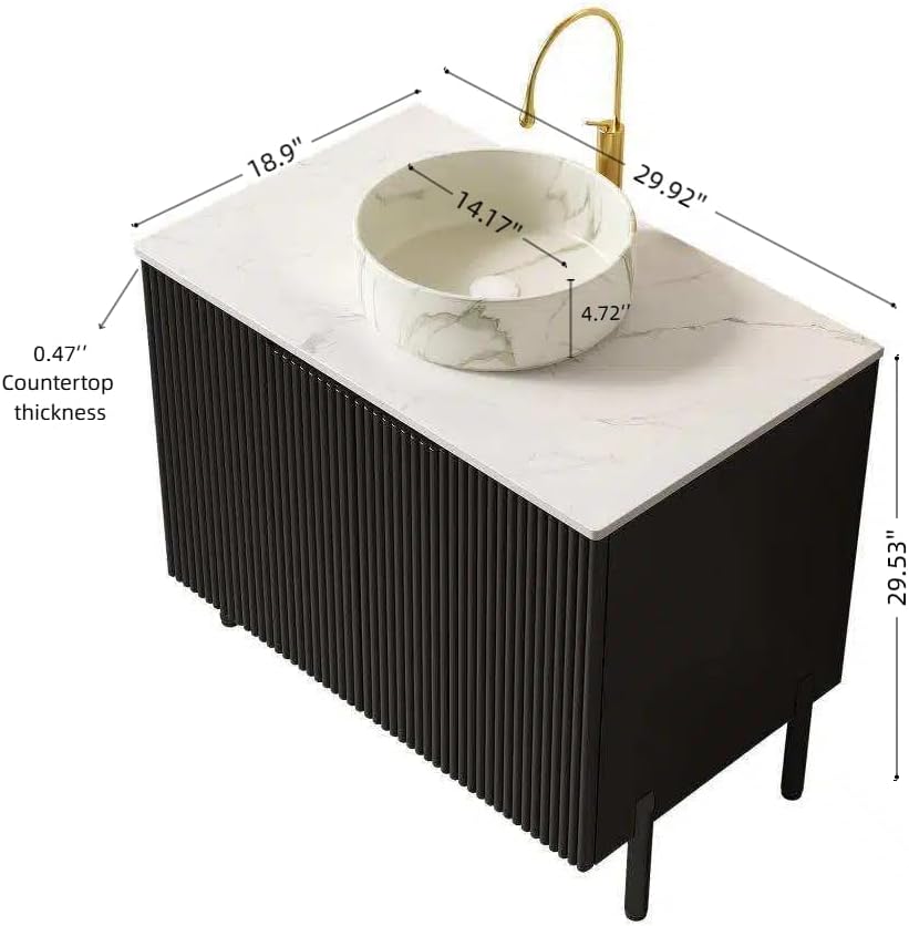30" Black Bathroom Vanity with Vessel Sink, Freestanding Stripped Cabinet with White Stone Pattern Round Sink, Engineered Stone Top, Soft Closing Doors