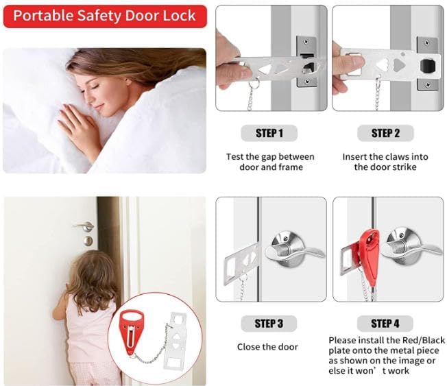 Kit de Seguridad para Puertas Portátil: Cerradura y Alarma de Bloqueo de Puerta, para Hogar, Hotel y Apartamento, Rojo y Negro miniatura 5