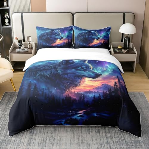 Homewish Coton Loup Housse de Couette 220x240,Jungle 3D Safari Parure de Lit,Ensemble de Literie pour Animaux Sauvages Bleu Noir,Ciel d'arbre Couvre Lit