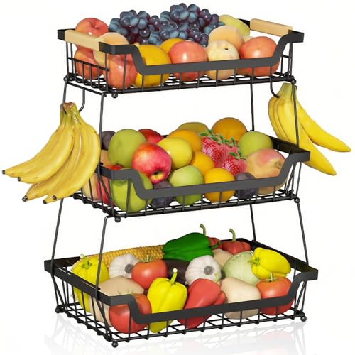 Exquilnova 3 Tier Fruit Basket with Handle,Black Stair Basket with Banana Hook for Kitchen,Detachable Metal Fruit Bowl for Fruits,Vegetables,Snacks,Breads,Spice Bottles Storage(3 Tier)
