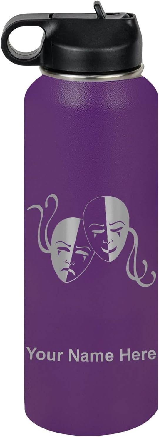 LaserGram Personalized Water Bottle, Drama Masks, Stainless Steel Double Wall Vacuum Insulated with Flip Top Straw, Custom Engraved Gift (40oz / 1180ml Dark Purple)