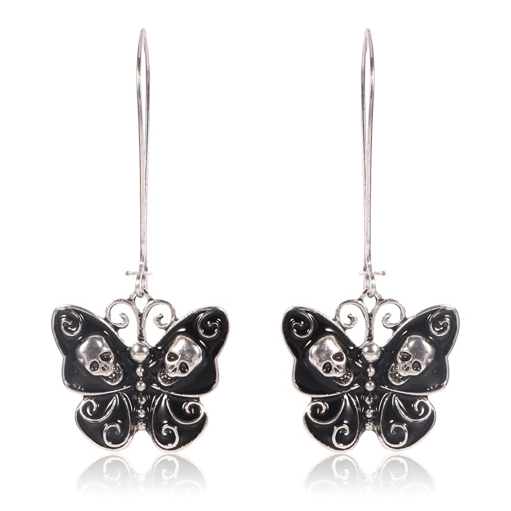 DIYANMMY Unique Retro Black Butterfly Skull Dangle Drop Earrings Chic Fashion Personality Trend Halloween Long Earrings for Women Girls Jewelry Gift