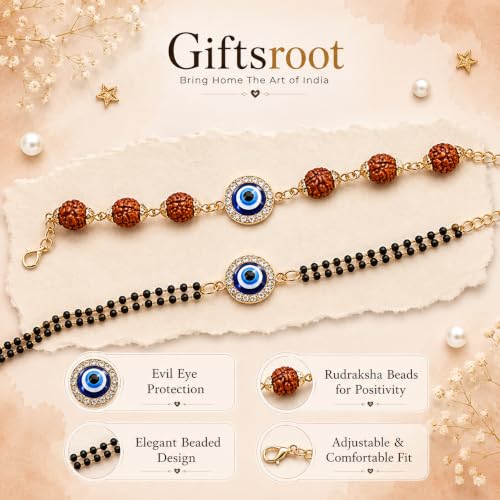 Image of Designer Evil Eye Couple Pair Rakhi for Brother Bhai Bhabhi | Premium Evil Eye Bracelet Rakhi Set for Bhaiya Bhabhi Gift, Rakshabandhan Greeting Card, Tilak Set,Home decor