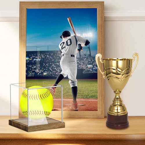Image of Hooqict Softball Display Case Clear Acrylic Ball Holder UV Protected with Wood Base Stand, Softball Case Display Box Championship Square Box for Golf Tennis Game Ball Baseball