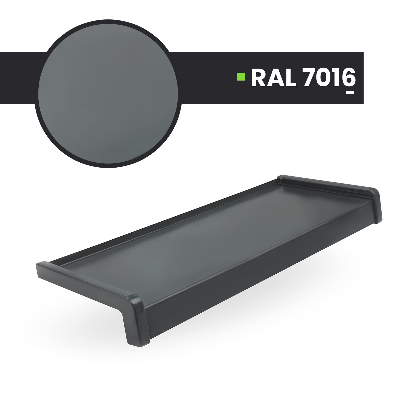 Fensterbank Aluminium + Pulverbeschichtet – 160cm – Anthrazit RAL 7016 – Tiefe 35cm – Wetterfest – Inkl. PVC Endkappen – Fensterbrett – Aussenfensterbank – Fenstersims – Aussen