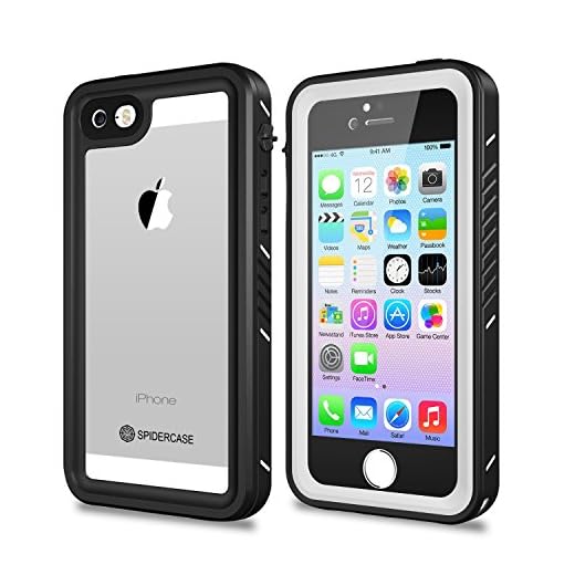 SPIDERCASE iPhone 5/5S/SE Waterproof Case, Full Body Protective Cover Rugged Dustproof Snowproof Waterproof Case with Touch ID for iPhone 5S 5 SE, NOT for SE 2020 4.7 INCH (White&Clear)