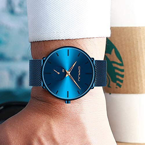 Mens Watches Ultra-Thin Minimalist Waterproof-Fashion Wrist Watch for Men Unisex Dress with Stainless Steel Mesh Band-Rose Gold Hands(Blue Band Blue Face)