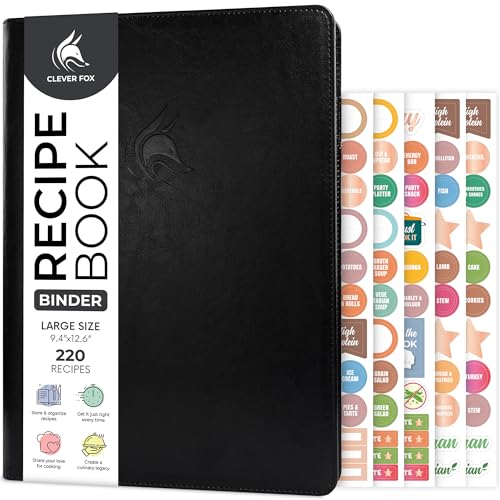 Clever Fox Recipe Book Binder with Tabs – Ring Notebook Organizer with Blank Pages to Write in Your Own Recipes – Personalized Family Cook Book, 220 Recipes, 9.4x12.6” (Black)