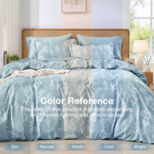Image of MUXHOMO Mineral Blue Full Comforter Set, Elegant Floral Print Bed in a Bag 7 Pieces, Ultra Soft & Breathable Reversible Botanical Pattern Bedding Set with Comforter, Sheets, Pillowcases, and Shams