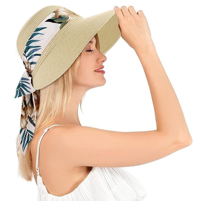 Womens Straw Hat for Women Stylish, Summer Wide Brim Beach Women Hat for Sun, Fashion Ladies UV Protection Cap with Print Ribbon - Lightweight & Breathable Cream-image-11