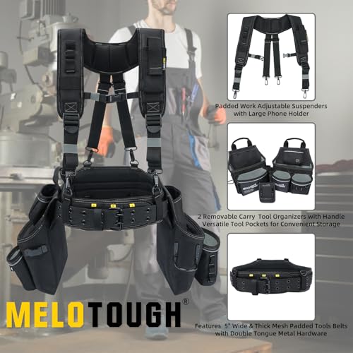 Image of MELOTOUGH Professional Tool Belt with Suspenders Carpenter Tool Belt Combo Organizer Tools Pouch Suspenders with 32 Pockets and Loops fits 34 inch-48 inchWaist