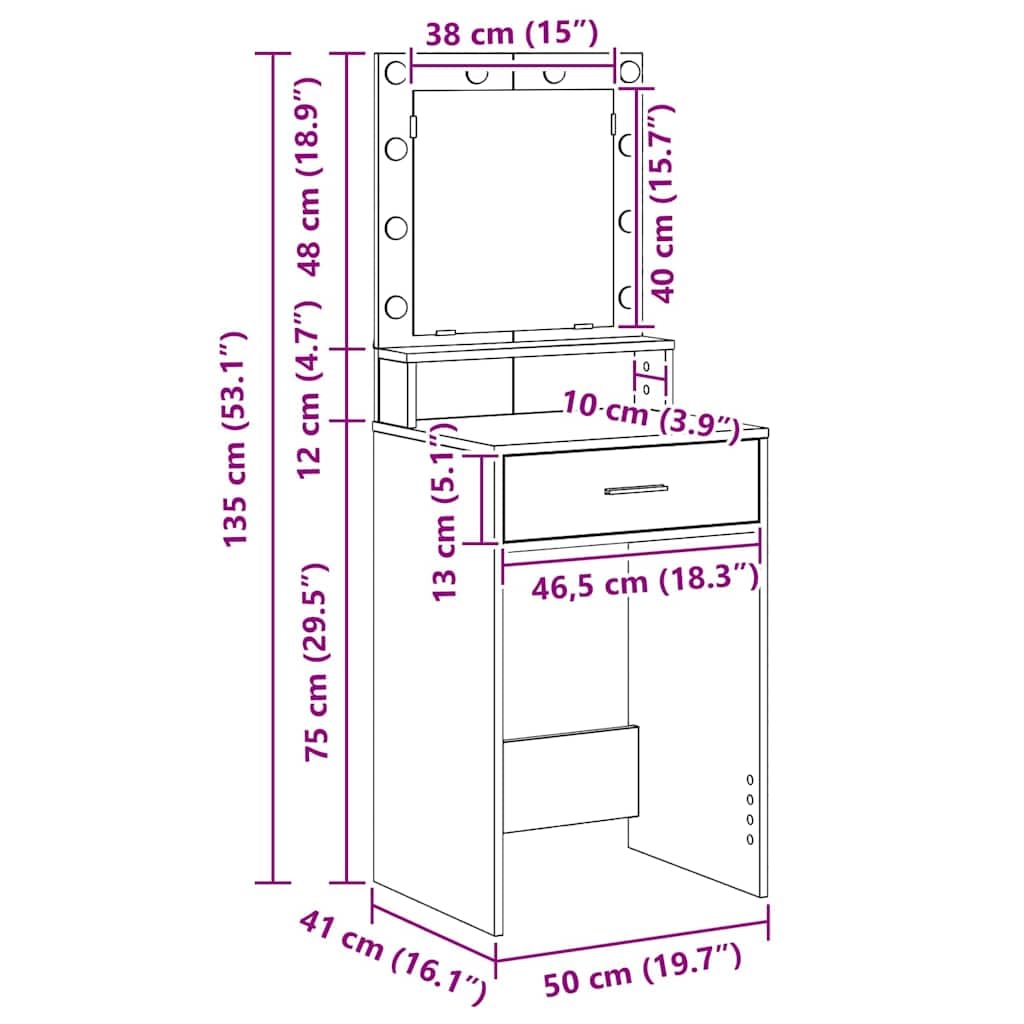 vidaXL Mesa Tocador con cajón 50 x 41 x 135 cm Madera de ingeniería, Vanidad Rectangular Elegante, tocador Moderno con Espejo LED, Organizador Compacto para el Dormitorio