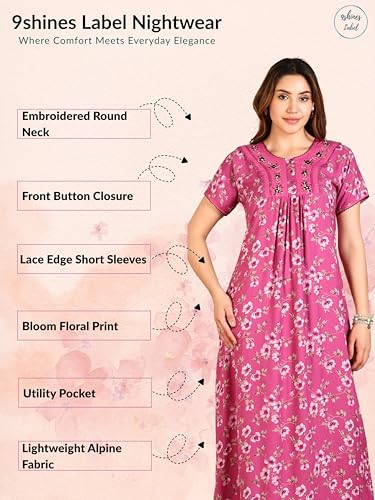 Image of 9shines Label Stylish Alpine Nighty Maxi for Women | Full Length Trendy Nightgown | Premium Nightdress | Nightwear | Embroidery Nighty with Pockets (2892)