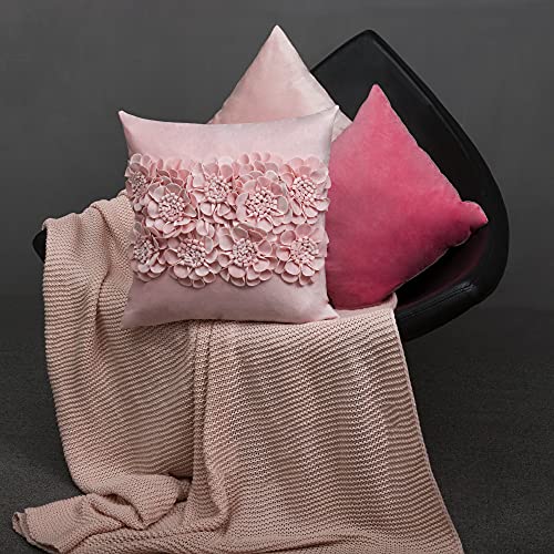 Jwh 3D Flower Handmade Throw Pillow Cover Aesthetic Decorative Floral Accent Pillow Case Velvet Pillowcase Square Cushion Bed Couch Living Room Bedroom 18X18 Inch Light Pink #TOP5