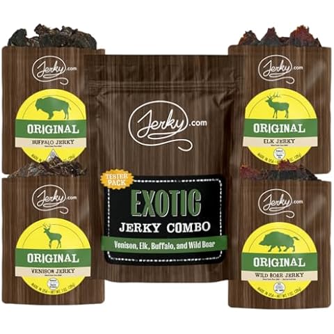 Jerky.com's Classic Exotic Jerky Variety Sampler Pack - Jerky Variety Pack with 4 Types of Jerky - Buffalo, Wild Boar, Venison Jerky, and Elk Jerky - Exotic snacks, High-protein, All-Natural, Keto Diet, No Added Preservatives (4 oz) Cover