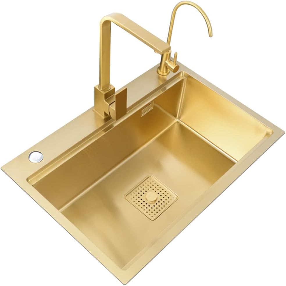 Single Bowl Bar Prep Kitchen Sink Gold Stainless Steel Kitchen Sink Drop in Or with Square Faucet (Gold 80x46x22cm) (Gold 80x46x22cm)