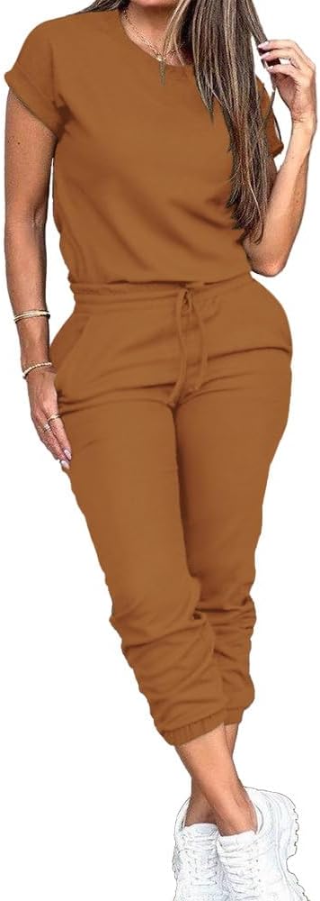 PINSV Women's 2 Piece Outfits Tracksuit Sets Short Sleeve Tops Jogger Pants with Pockets - Image 3