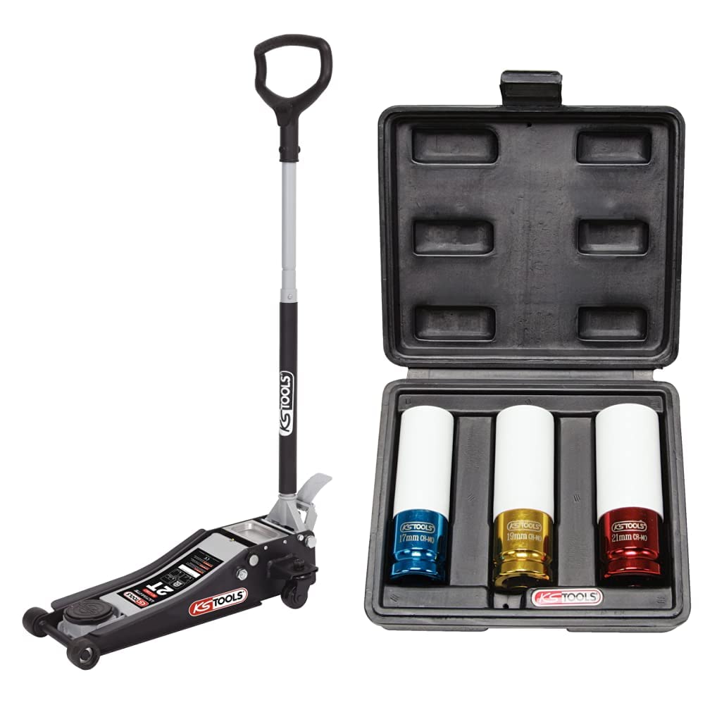 KS Tools 161.0367 - Cris Extra Plat - Cric Hydraulique Extra Bas en Acier - Cric Rouleur avec 2 Roues Directionnelles - Argent et Noir & Jeu de 3 Douilles à Chocs pour Jantes Aluminium, 17, 19, 21 mm