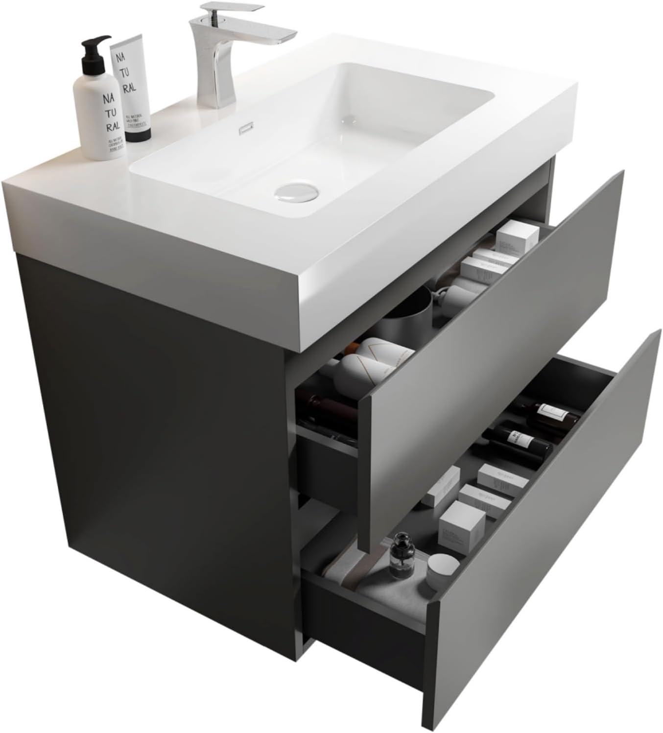 LKTART 30" Modern Grey Bathroom Vanity with Sink and 2 Drawers Large Storage Wall Mounted Floating Bathroom Vanity for Bathroom, One-Piece Glossy White Sink Basin without Drain and Fauce