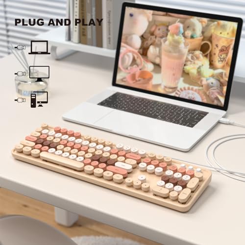 Image of MOFII Milk Tea Colorful Retro Round Typewriter Keyboard, Full Size USB-A Wired Plug Play, 104 Keys, Tactile Switches, Ambidextrous, QWERTY Layout, Compatible with Windows PC Laptop