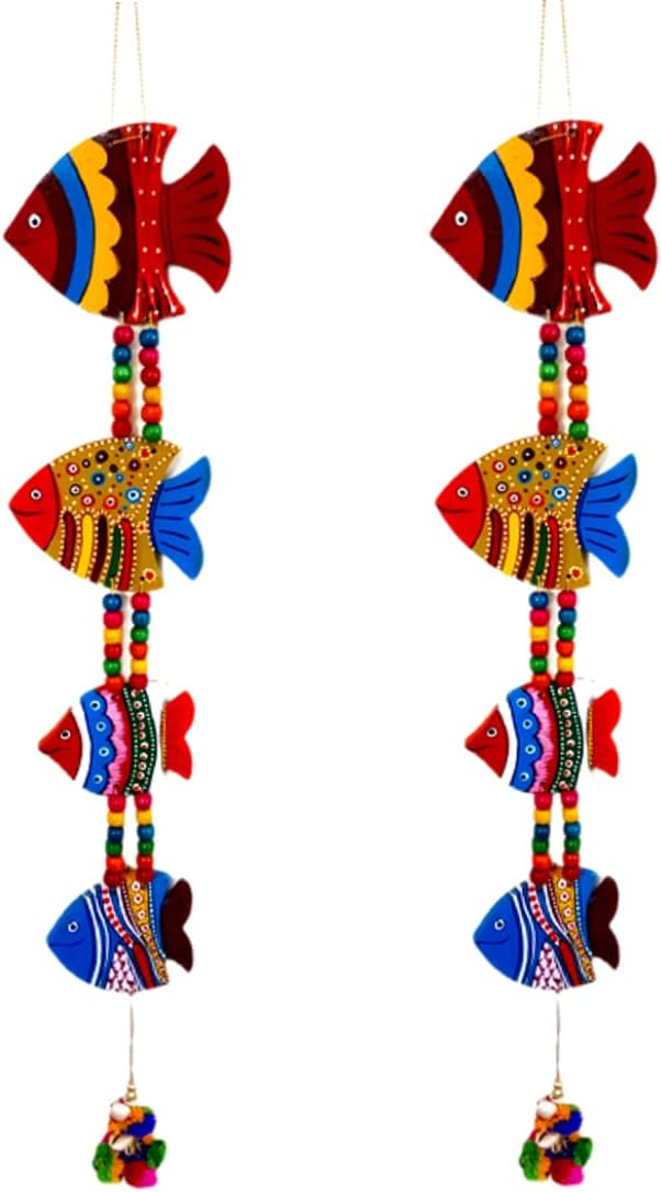 Sohibe Hanging Fish Feng Shui Vastu Show Piece Handmade Hand-Painted for Garden Balcony Home Office Cafe Decoration Door Toran Latkan Wall Hanging (Wooden, Length-24 inch) (Multi_01)