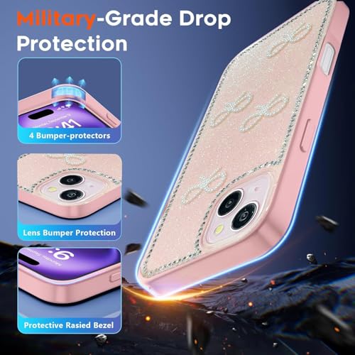 Image of DIZORO Compatible for iPhone 13 / iPhone 14 Cover 6.1, Luxury Diamond Cute with Bow Glitter Bling Case with Full Camera Protection PC+TPU Glossy Shiny Back Cover Case for Girls Women (Pink)