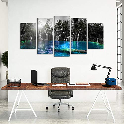 Sechars Large 5 Piece Canvas Wall Art Black And White Dreamlike Waterfall Picture Teal Blue Lake At Sunset Landscape Painting For Home Living Room Decor Modern Giclee Artwork Framed Ready To Hang #TOP4