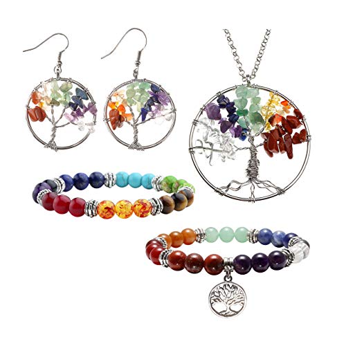 JOVIVI 7 Chakra Tree of Life Tumbled Gemstone Healing Crystals Necklace & Earrings & Chakra Bracelet Sets, Mothers Day Gifts (4pcs: Tree of Life Necklace & Earrings & 7 Chakras Bracelet)