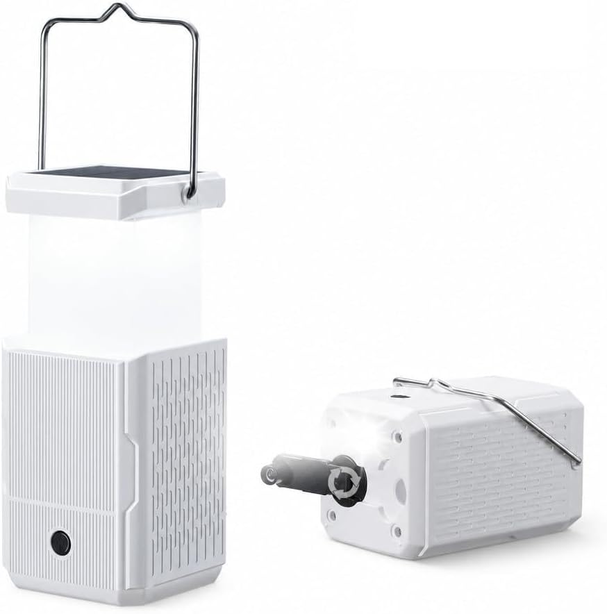 2 Pack Camping Lantern Rechargeable, Hand Crank & Solar Camping Lights with 200mha, Tent Lights for Camping, Portable Camp Lamp, Camping Hurricane Home Power Failure Essentials (White, 2 Pack)