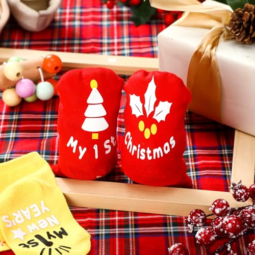 11 Pairs Baby Socks Gift Set Baby 1st Christmas Socks Baby Socks with Sayings on The Bottom Non Slip Unique Newborn Baby Socks with Grips for Various Festival Seasons Unisex,0-12 Months4