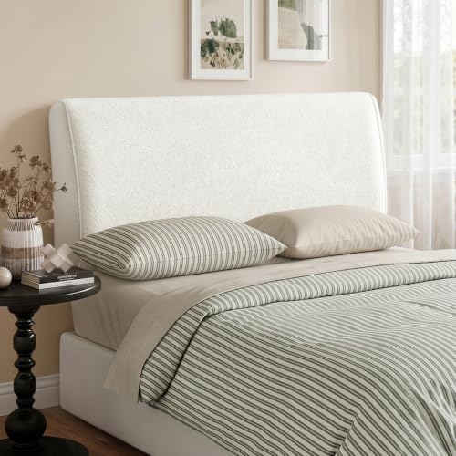 Image of Pinmoco 4.7 inch Upholstered Headboard for Queen Size Bed, Height Adjustable and Ergonomic Headboard, Easy Assemble, Sturdy and Durable, Teddy Velvet, Beige