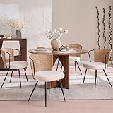 BedsPick Rattan Dining Chairs Set of 4 - Farmhouse Upholstered Cane Back Kitchen Chair with Boucle Cushion, Wingback Dining Room Seat with Metal Legs for Home, Kitchen (Brown)