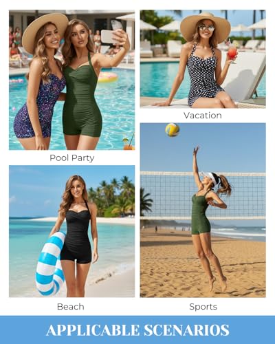 Image of Tempt Me Women Tummy Control One Piece Swimsuits with Shorts | Ruched, Retro bathing Suit, Boyleg, Halter, Vintage, Built-in padded cups