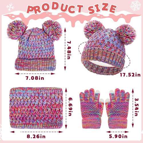 Kids Winter Hat Gloves Scarf Set,Girls Hats Beanie with Pom Knit Neck Warmer Gaiter Mittens Fleece Lined Set 1-6 Years3
