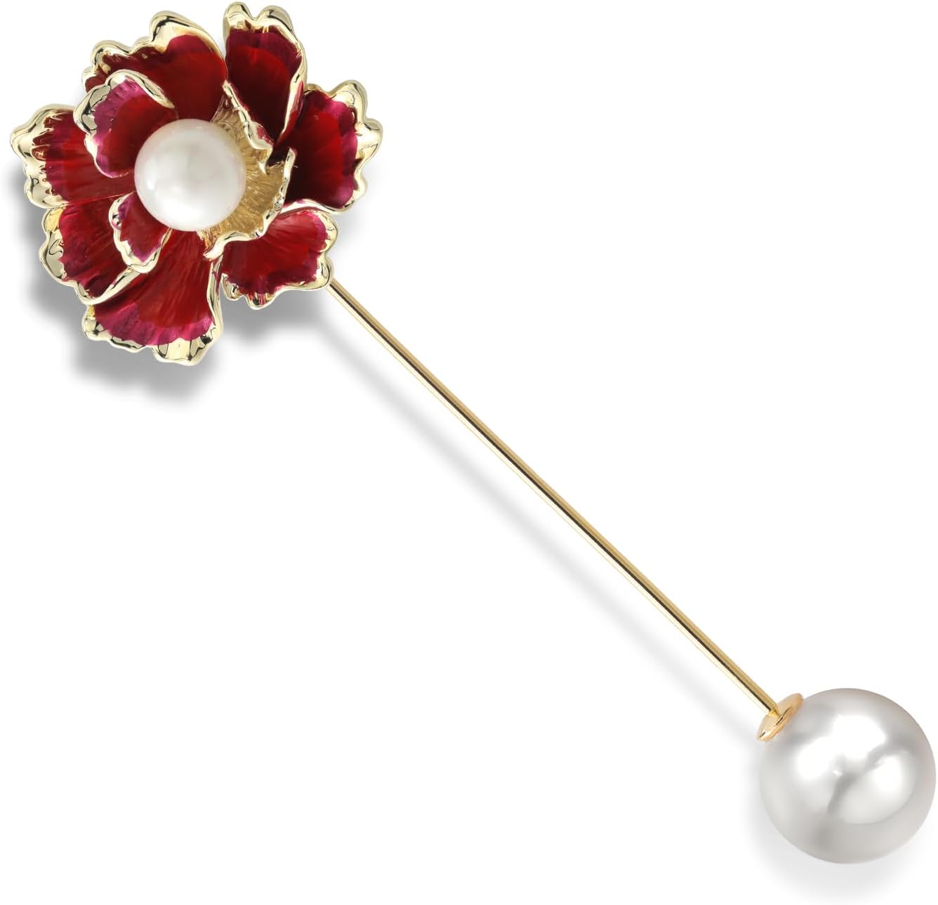 Gem Stone King Cultured Freshwater Pearl Red Rose Flower Yellow Plated Large Brooch Pin for Women | 90MM = 3.5 Inch