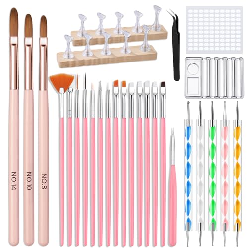 Nail Art Brushes Set for Nail Art: 39Pcs Acrylic Nail Brush Tools With Nail Stand Holder 2-in-1 Palette and 5Pcs Dotting Pen - Gel Polish Nails Design Painting Kit Woth Box for Salon & Home Use