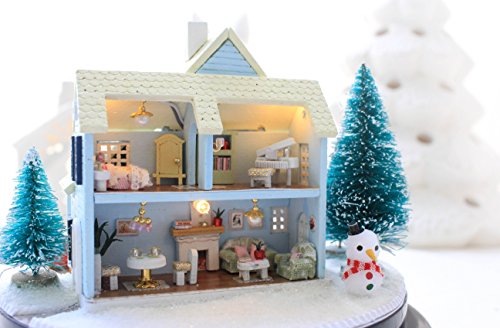 DIY-Set Miniatur-Puppenhaus mit transparenter Kuppel, Holz, Modell einer Schneehütte mit Puppen, Kunststoff, LED-Licht… – Bild 5