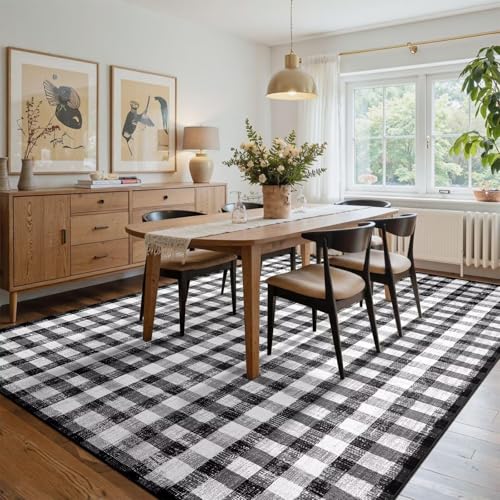 Image of Checkered Area Rug, 8x10, Black and White | Washable, Non Slip, Modern Neutral, For Living Room Bedroom Office Patio Dining Room