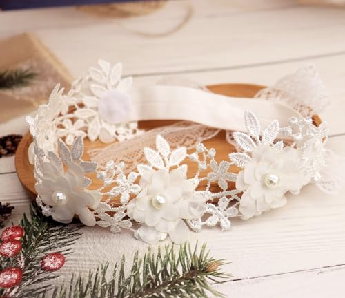 Flower Lace Baby Girls Headband Pink Lace Baptism Christening Elastic Toddler Hairband Floral Pearl Infants Headband Birthday Wedding Party Hair Accessories for Baby (Style 1 - white)3