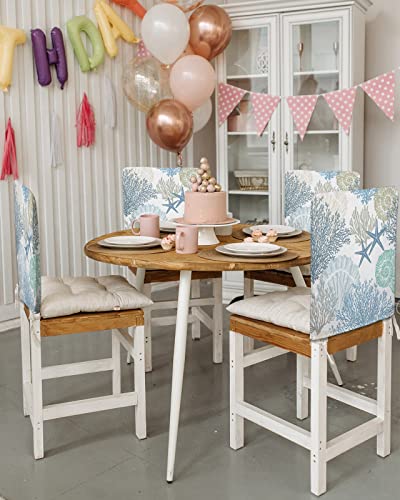 Blue Teal Coral Chair Back Cover, Summer Beach Starfish Dining Chair Protector Covers, Ocean Nautical Coastal Chair Covers Removable Chair Slipcovers For Weeding Banquet Party 19"X18", 6 Pack #TOP2
