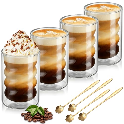 HA BIN Lot de 4 Tasses à Café Double Paroi 400 ml, Verres à Latte Macchiato et Cappuccino, Verres Thermiques Isolés à Effet Flottant et Design Spirale, avec Cuillères en Acier Inoxydable