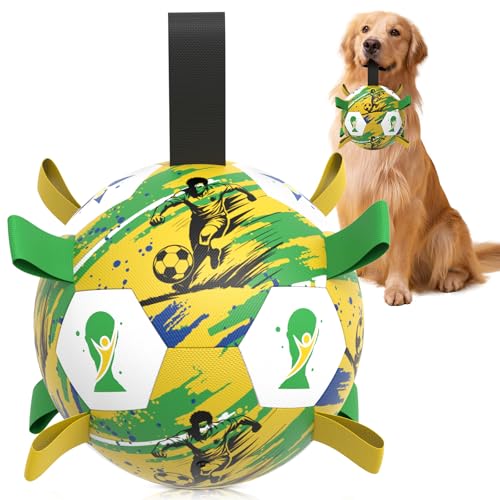 Image of HETOO Dog Soccer Ball with Straps, Large World Cup Dog Toys, 8 Inch | Large Dog Toys Herding Ball, Outdoor Indoor Dog Water Pool Toys, Pet Puppy Birthday Gifts, Dog Balls for Medium Large Dogs