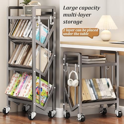 5-Tier Rolling Book Cart with Wheels - Metal Library Shelving Unit with Hooks & Partitions - Large Capacity Mobile Book Organizer for Home, Office & School (Gray, 90cm)