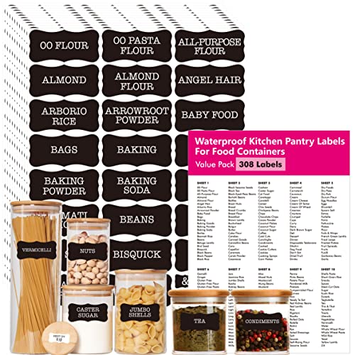 Hebayy 308 Pantry Food Labels, 280 Preprinted Flour Pasta Lentil Grain Condiment Oil Stickers, 28 Blank Ones, Waterproof Oil&Tear Resistant, No Residue for Kitchen Containers Jars(White on Black)