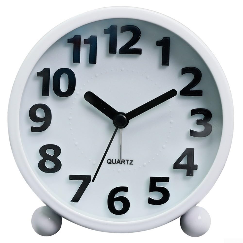 Alarm Clock with Quartz Movement and Metal Casing for Students Featuring Raised Numerals and Push Button Light (White)