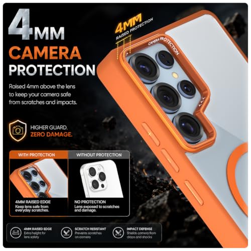Image of Pikkme Back Cover for Samsung Galaxy S25 Ultra 5G | Shockproof | Mag-Safe Compatible | Hard Transparent Back | Premium Raised Camera Protection | Bumper Case (Orange Mag-Safe)