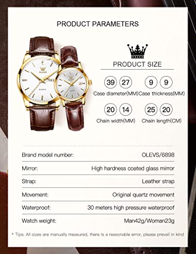 Image of OLEVS Couple Watches Quartz Calendar Luminous Waterproof Leather Luxury Casual Wrist Watch for Men & Women Best Gift for Anniversary, Valentine's Day
